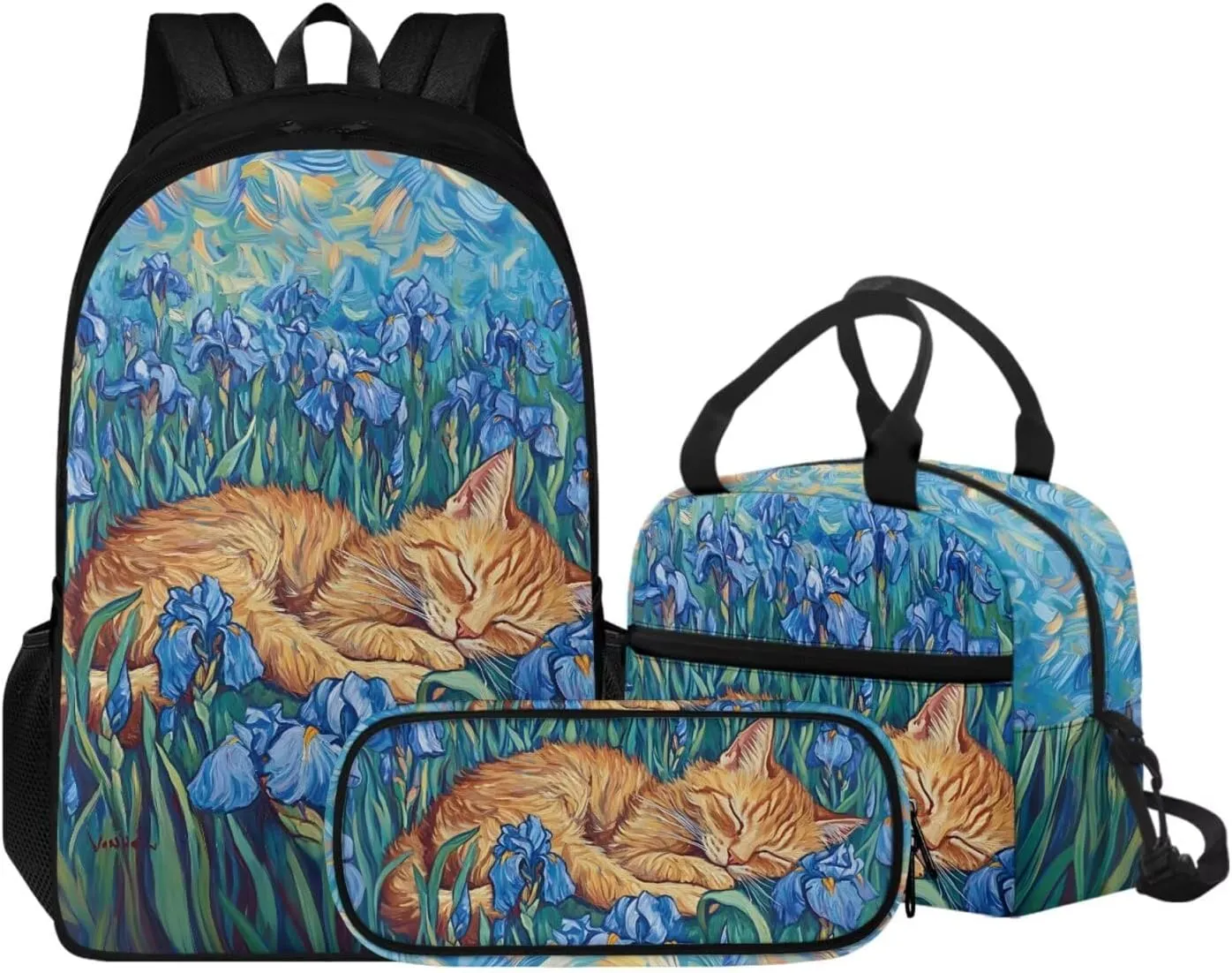 Cat Kawaii Backpack 17 Inch Girls Bookbag Set with Lunchbox 6th Grade School Bag Spacious 3 Piece Rucksack for Girls Ages 11-12 Outdoor Classroom