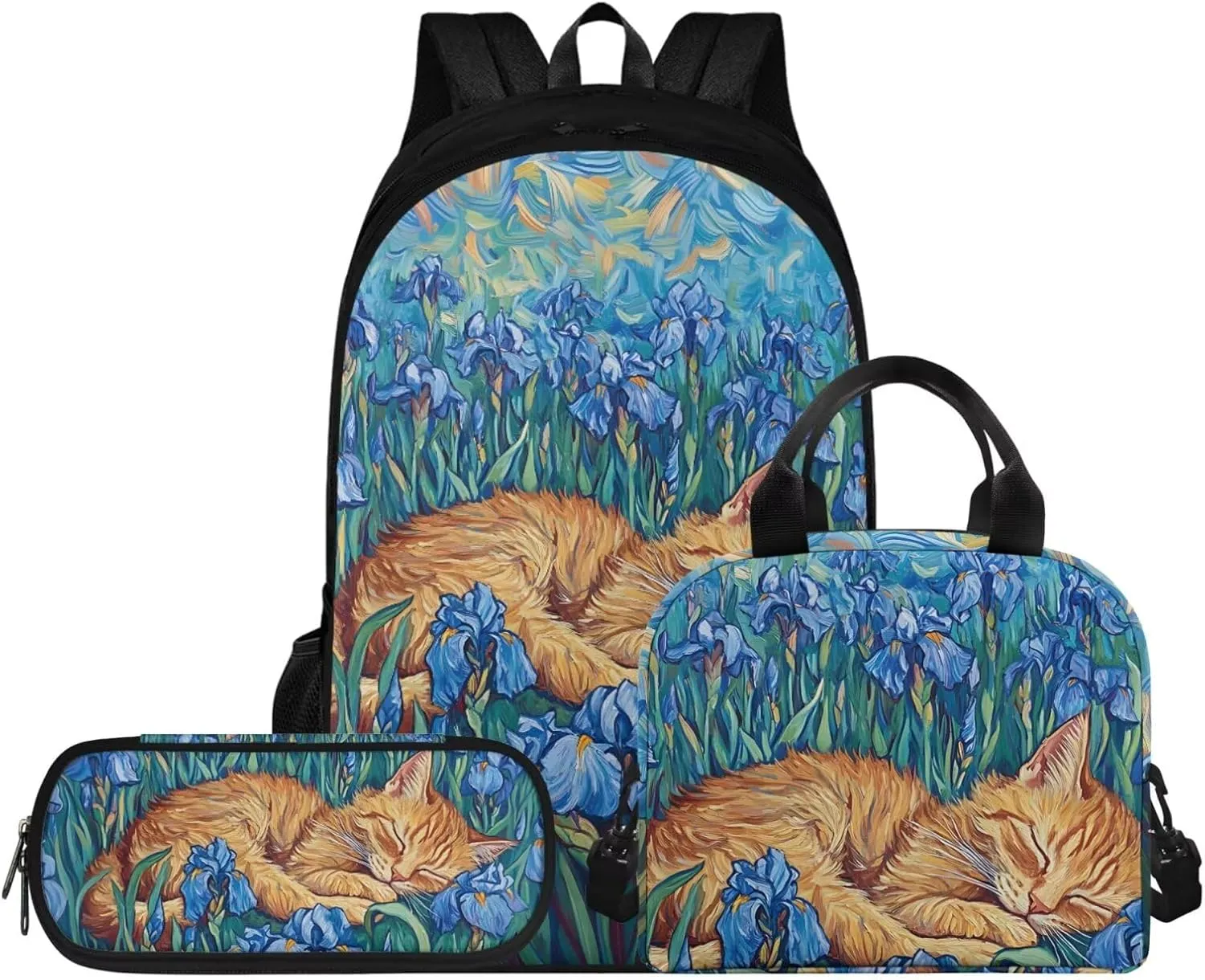 Cat Kawaii Backpack 17 Inch Girls Bookbag Set with Lunchbox 6th Grade School Bag Spacious 3 Piece Rucksack for Girls Ages 11-12 Outdoor Classroom