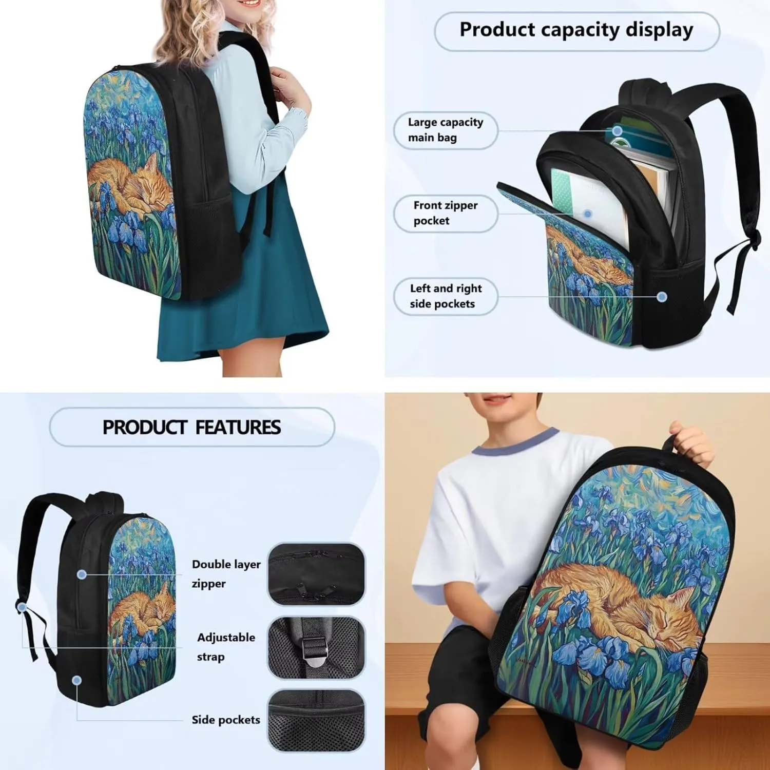 Cat Kawaii Backpack 17 Inch Girls Bookbag Set with Lunchbox 6th Grade School Bag Spacious 3 Piece Rucksack for Girls Ages 11-12 Outdoor Classroom