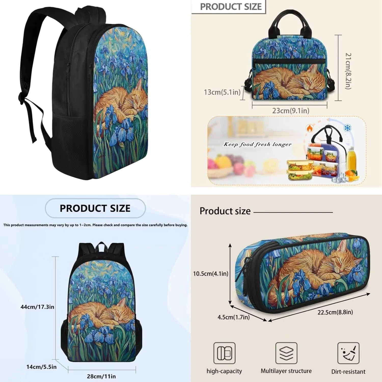 Cat Kawaii Backpack 17 Inch Girls Bookbag Set with Lunchbox 6th Grade School Bag Spacious 3 Piece Rucksack for Girls Ages 11-12 Outdoor Classroom