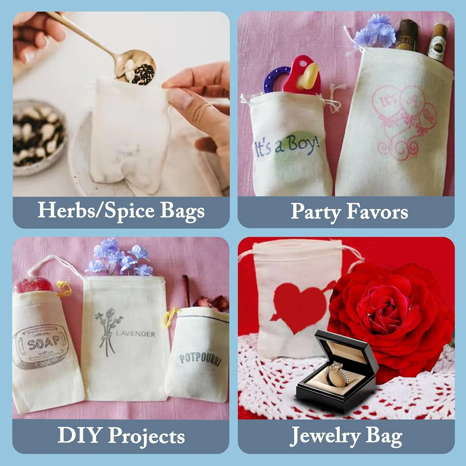 Celestial Gifts Muslin Bags 25pcs 4x6, 100% Cotton Drawstring Bags for Party Favors, Tea, Coffee, Parts and Spices - Made in USA (Natural Hem & Drawstring)