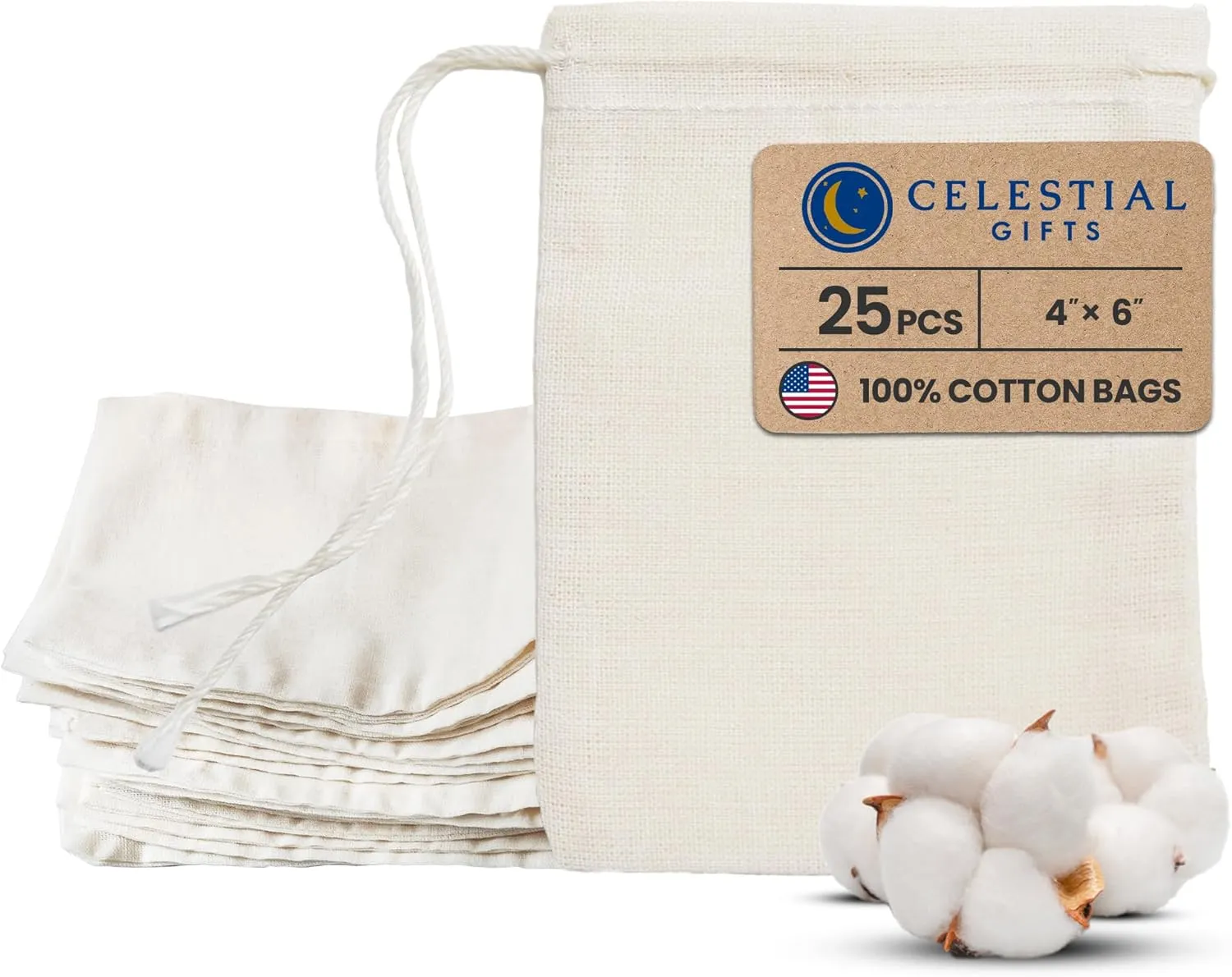 Celestial Gifts Muslin Bags 25pcs 4x6, 100% Cotton Drawstring Bags for Party Favors, Tea, Coffee, Parts and Spices - Made in USA (Natural Hem & Drawstring)