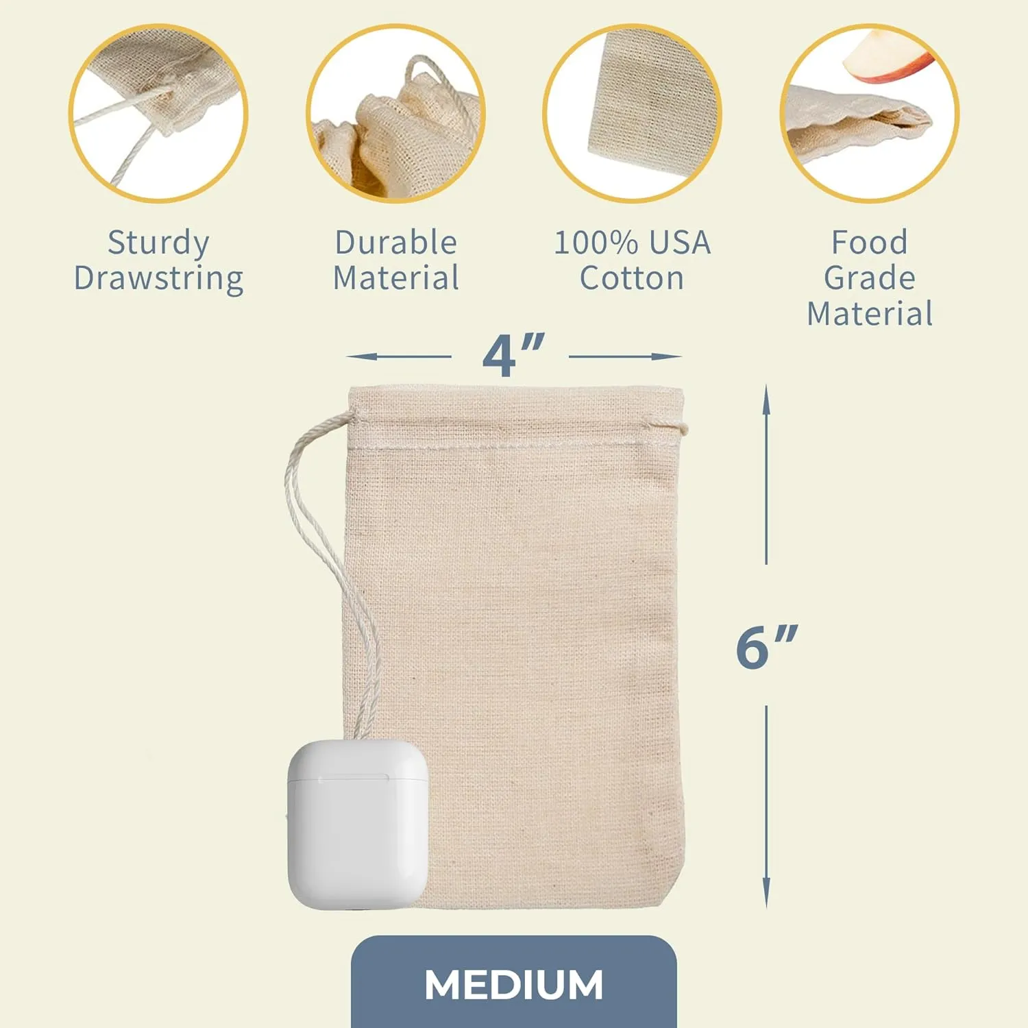 Celestial Gifts Muslin Bags 25pcs 4x6, 100% Cotton Drawstring Bags for Party Favors, Tea, Coffee, Parts and Spices - Made in USA (Natural Hem & Drawstring)