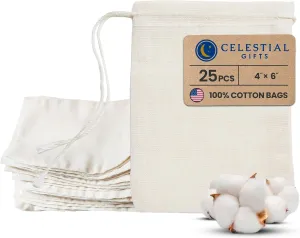 Celestial Gifts Muslin Bags 25pcs 4x6, 100% Cotton Drawstring Bags for Party Favors, Tea, Coffee, Parts and Spices - Made in USA (Natural Hem & Drawstring)