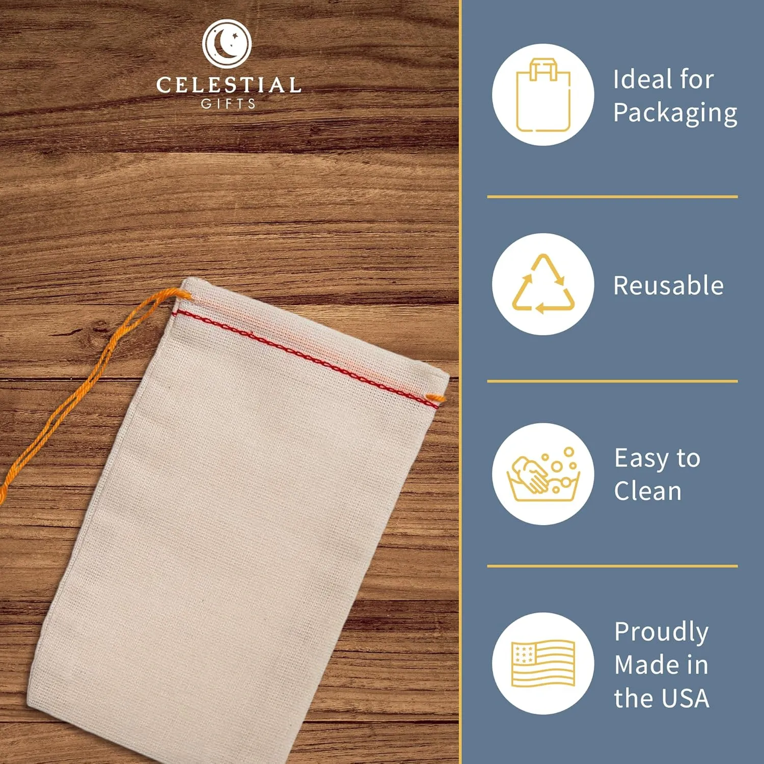 Celestial Gifts Muslin Bags with Drawstring 10pcs, 8x10 - Large Drawstring Bags Bulk - For Gifts, Parts, Party Favor and DIY Craft - 100% Cotton - Made in USA - (Red Hem & Orange Drawstring)