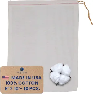 Celestial Gifts Muslin Bags with Drawstring 10pcs, 8x10 - Large Drawstring Bags Bulk - For Gifts, Parts, Party Favor and DIY Craft - 100% Cotton - Made in USA - (Red Hem & Orange Drawstring)