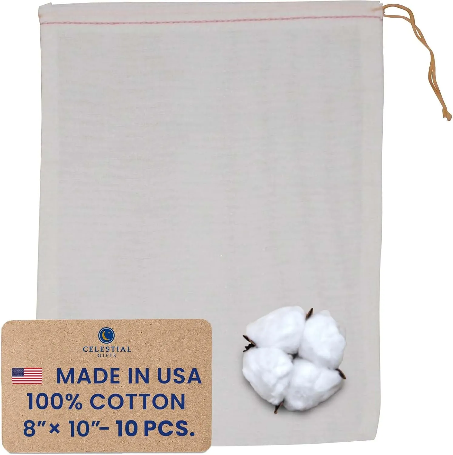 Celestial Gifts Muslin Bags with Drawstring 10pcs, 8x10 - Large Drawstring Bags Bulk - For Gifts, Parts, Party Favor and DIY Craft - 100% Cotton - Made in USA - (Red Hem & Orange Drawstring)