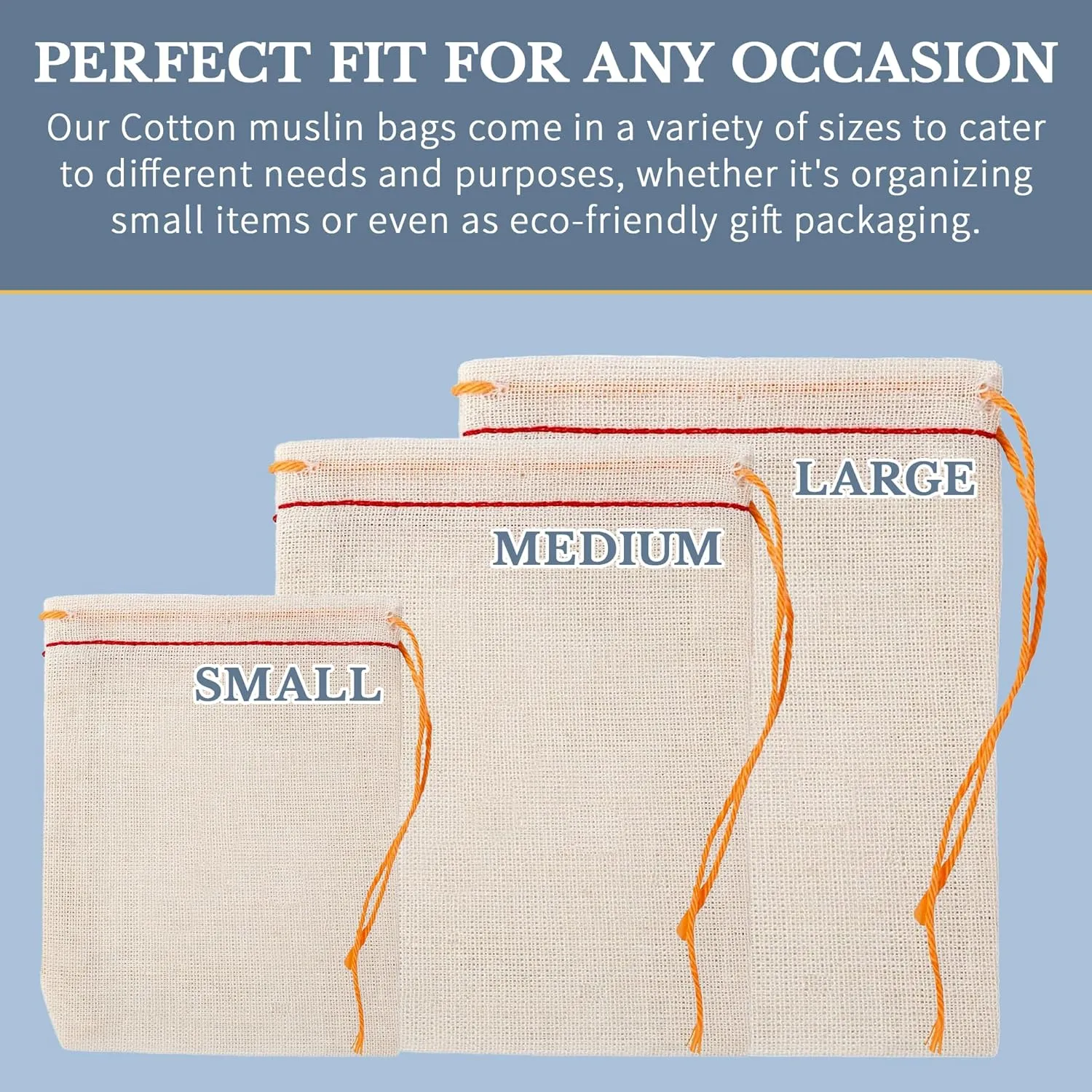 Celestial Gifts Muslin Bags with Drawstring 10pcs, 8x10 - Large Drawstring Bags Bulk - For Gifts, Parts, Party Favor and DIY Craft - 100% Cotton - Made in USA - (Red Hem & Orange Drawstring)