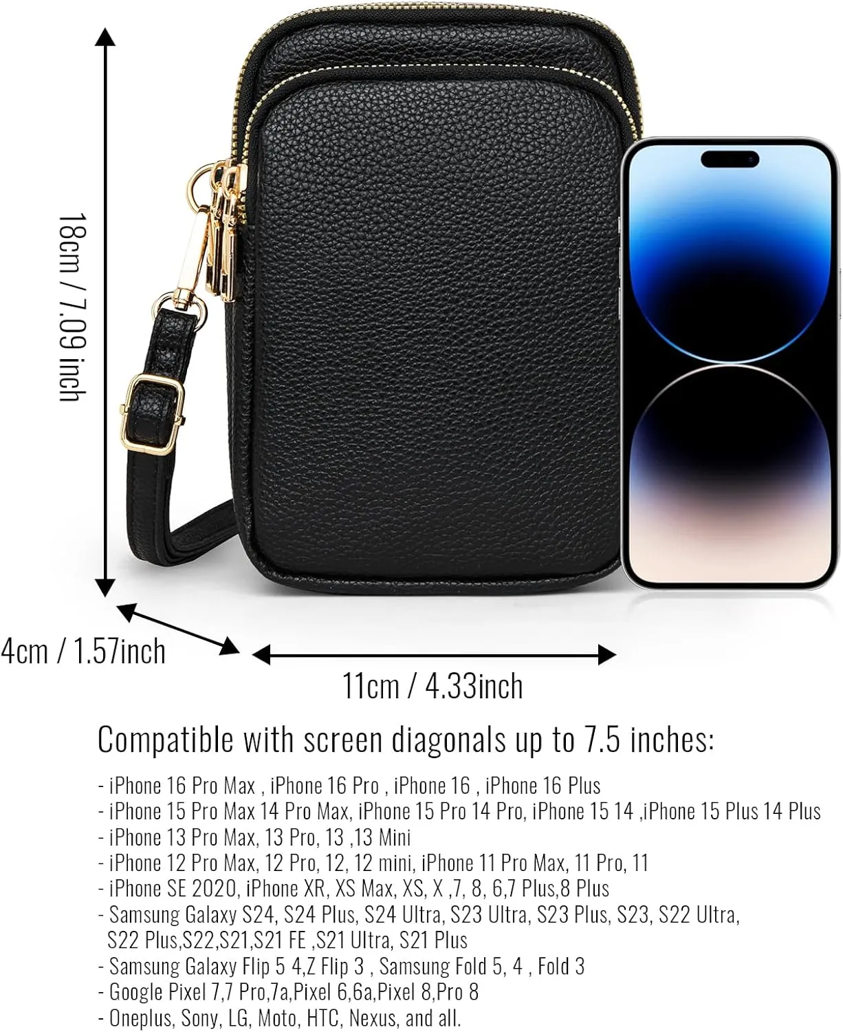 Cell Phone Purse Small Crossbody Bag for Women Men Leather Mini Shoulder Bag Wallet with Card Holder Slot Pouch Neck Strap for All Smartphones iPhone 16 Pro Max 15 Plus 14 13 12 11 X up to 7.5" Black