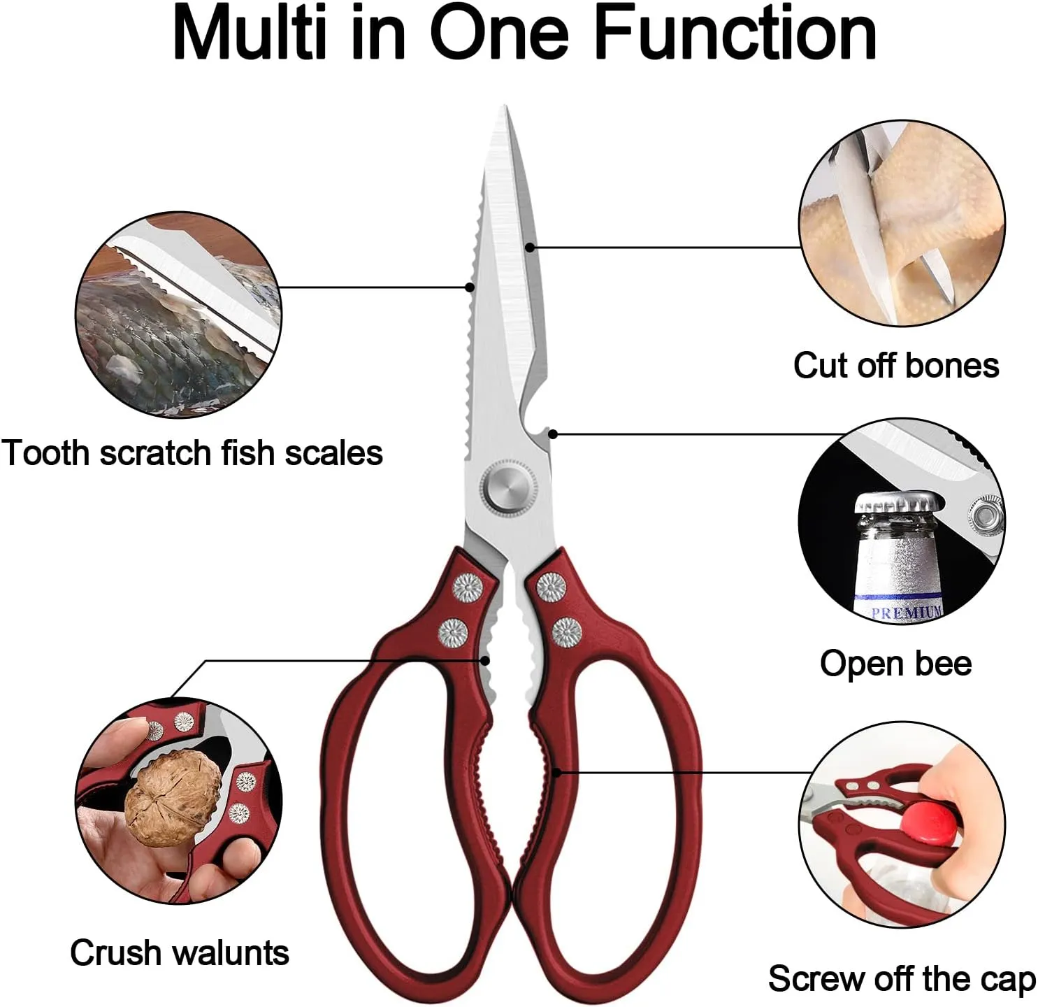 CGBE Kitchen Scissors All Purpose Heavy Duty, Ultra Sharp Stainless Steel Kitchen Shears Dishwasher Safe, Cooking Shears for Chicken, Poultry, Fish, Meat, Herbs & Grapes with Non-Slip Grips (Red)