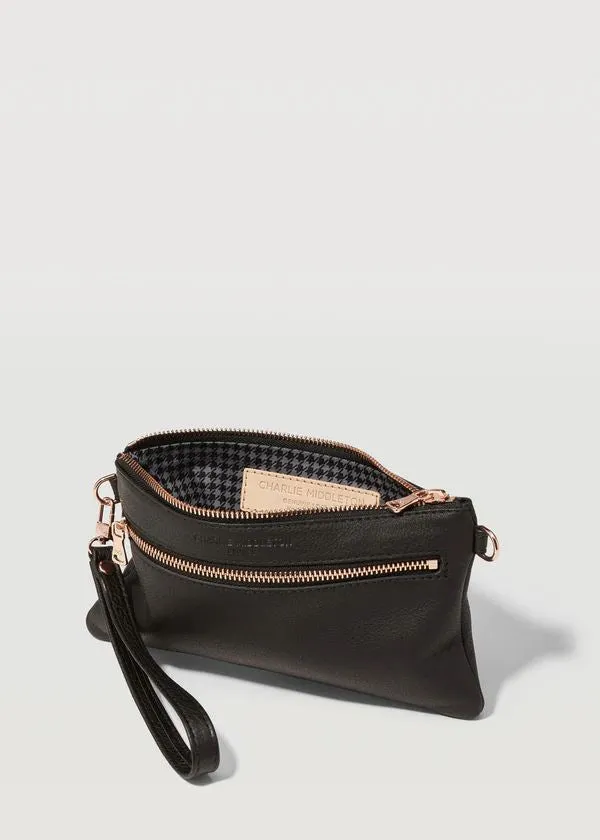 CHARLIE MIDDLETON Black Nappa Mini Dual Zip Crossbody Bag - Silver