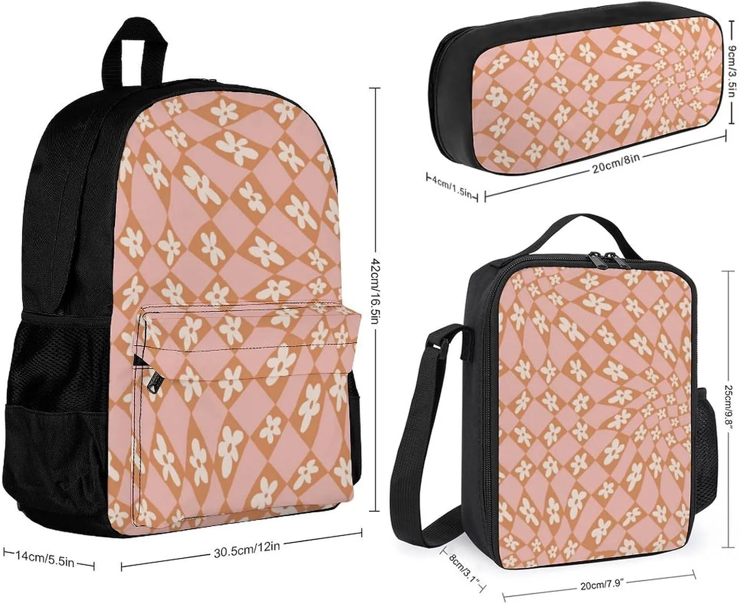 Checkered Flowers Lightweight Pocket Backpack Crossbody Lunch Bag Set Unisex