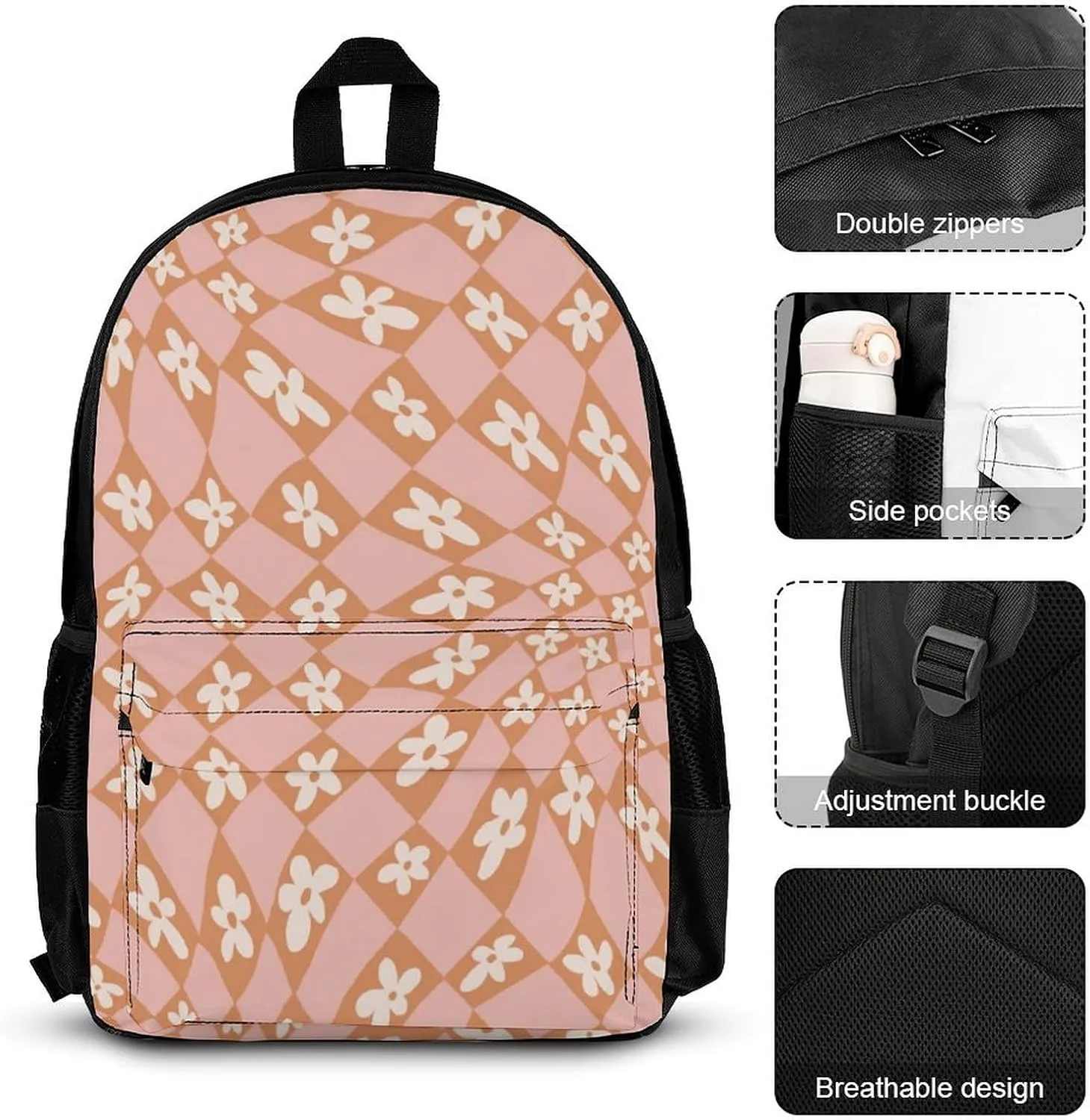 Checkered Flowers Lightweight Pocket Backpack Crossbody Lunch Bag Set Unisex