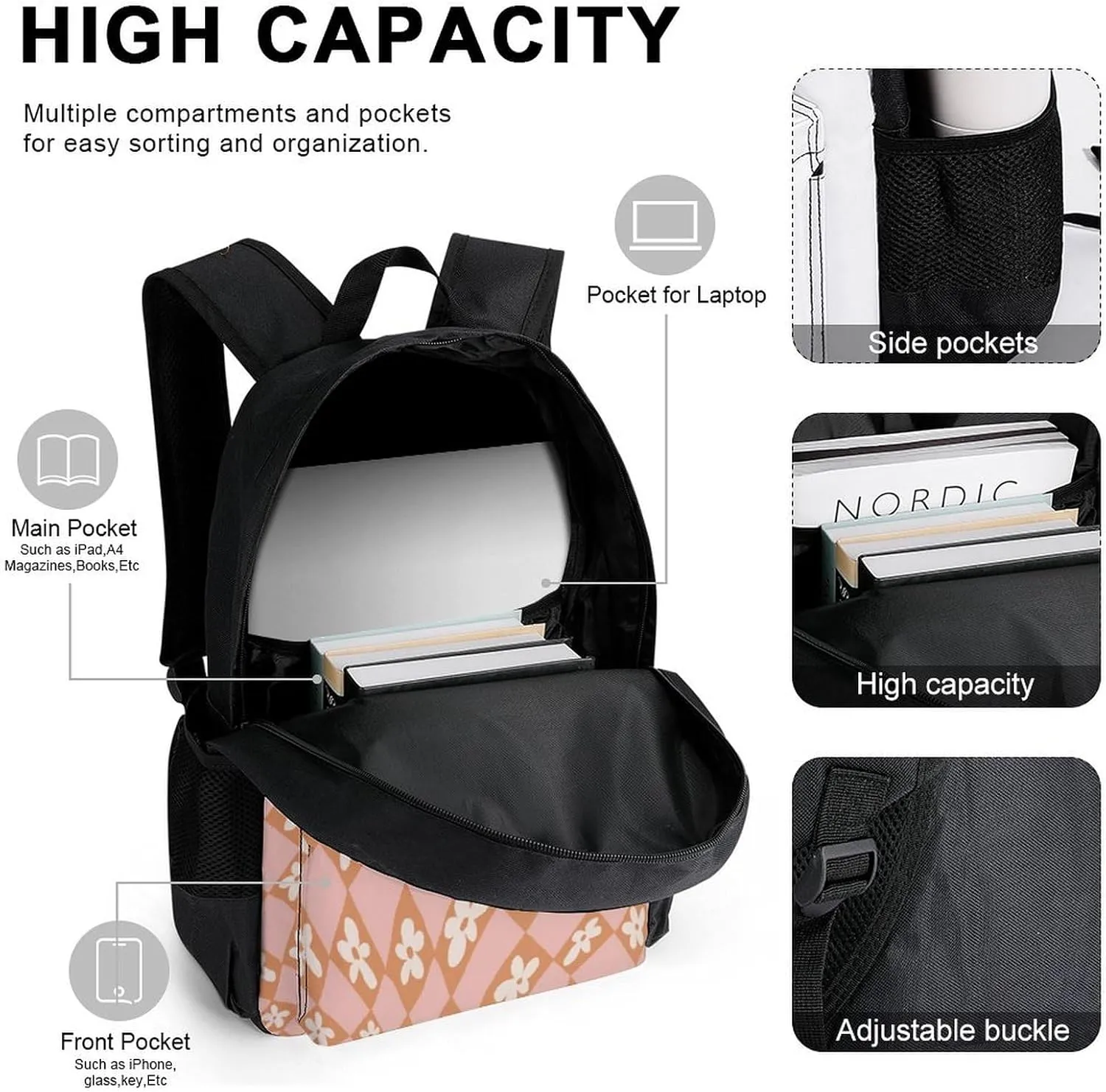 Checkered Flowers Lightweight Pocket Backpack Crossbody Lunch Bag Set Unisex
