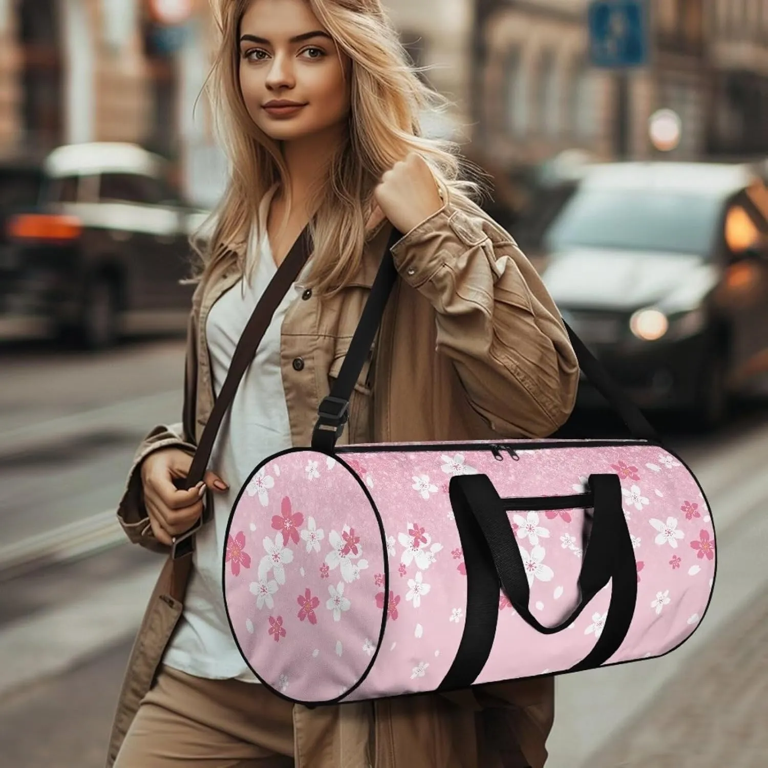 Cherry Blossom 55L Sports Duffle Bags Large Gym Duffel Bag Workout Bag for Women - Pink