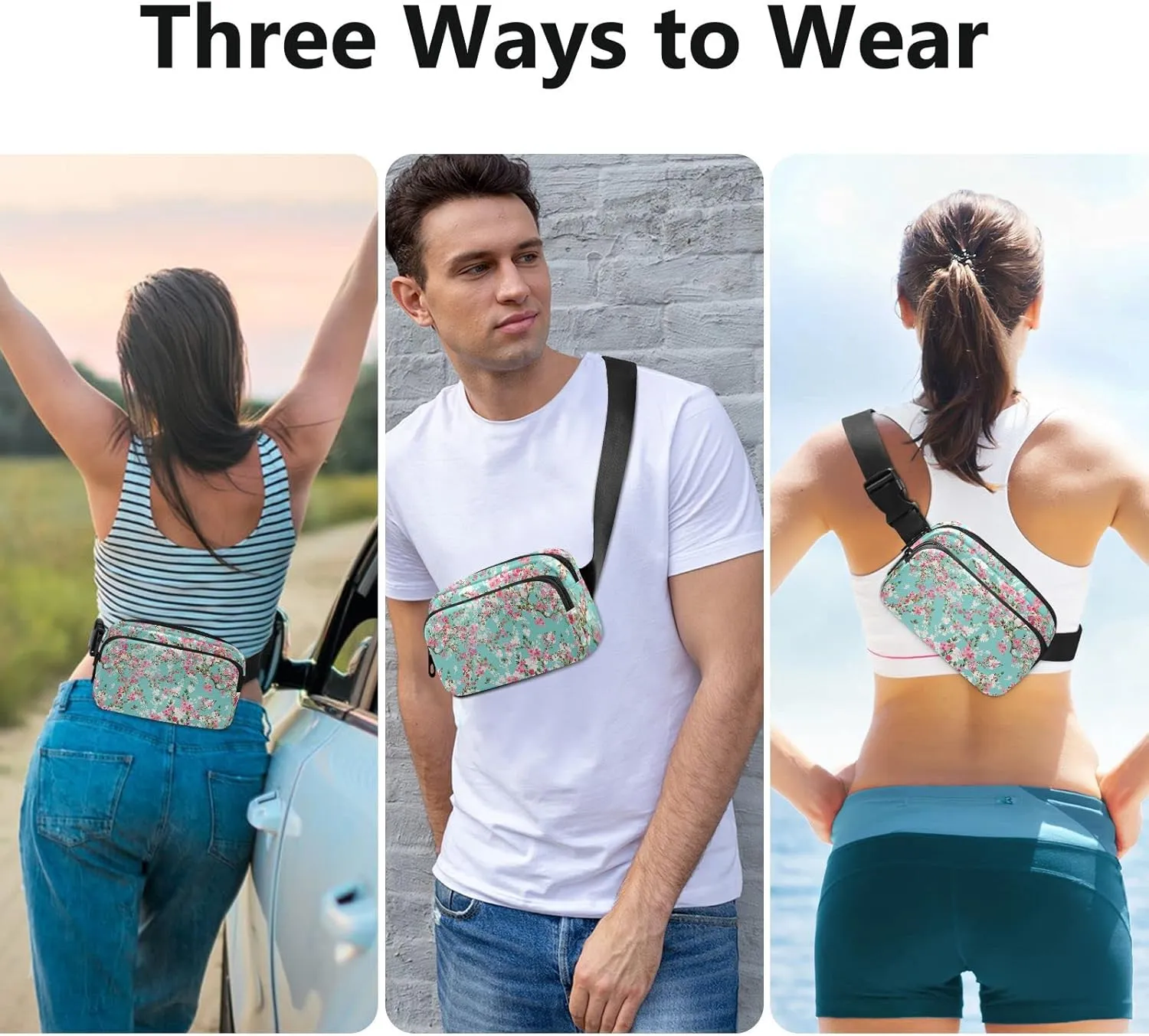 Cherry Branches with Pink White Flowers Green Leaves on Turquoise Adjustable Belt Running Bag, Crossbody Fanny Pack Waist Runners Bag Tote for Women Men Sports Hiking Fitness Exercise Gym Pouch
