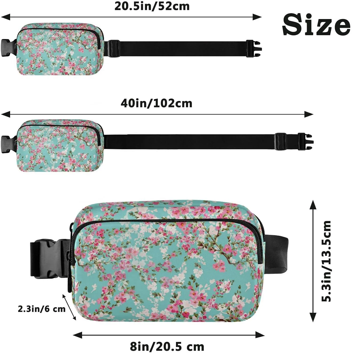 Cherry Branches with Pink White Flowers Green Leaves on Turquoise Adjustable Belt Running Bag, Crossbody Fanny Pack Waist Runners Bag Tote for Women Men Sports Hiking Fitness Exercise Gym Pouch