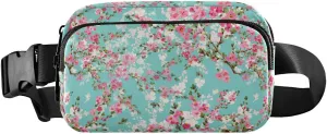 Cherry Branches with Pink White Flowers Green Leaves on Turquoise Adjustable Belt Running Bag, Crossbody Fanny Pack Waist Runners Bag Tote for Women Men Sports Hiking Fitness Exercise Gym Pouch