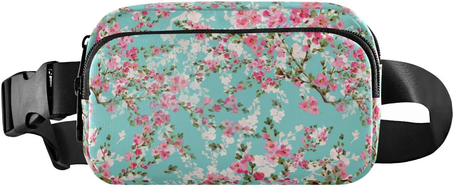 Cherry Branches with Pink White Flowers Green Leaves on Turquoise Adjustable Belt Running Bag, Crossbody Fanny Pack Waist Runners Bag Tote for Women Men Sports Hiking Fitness Exercise Gym Pouch