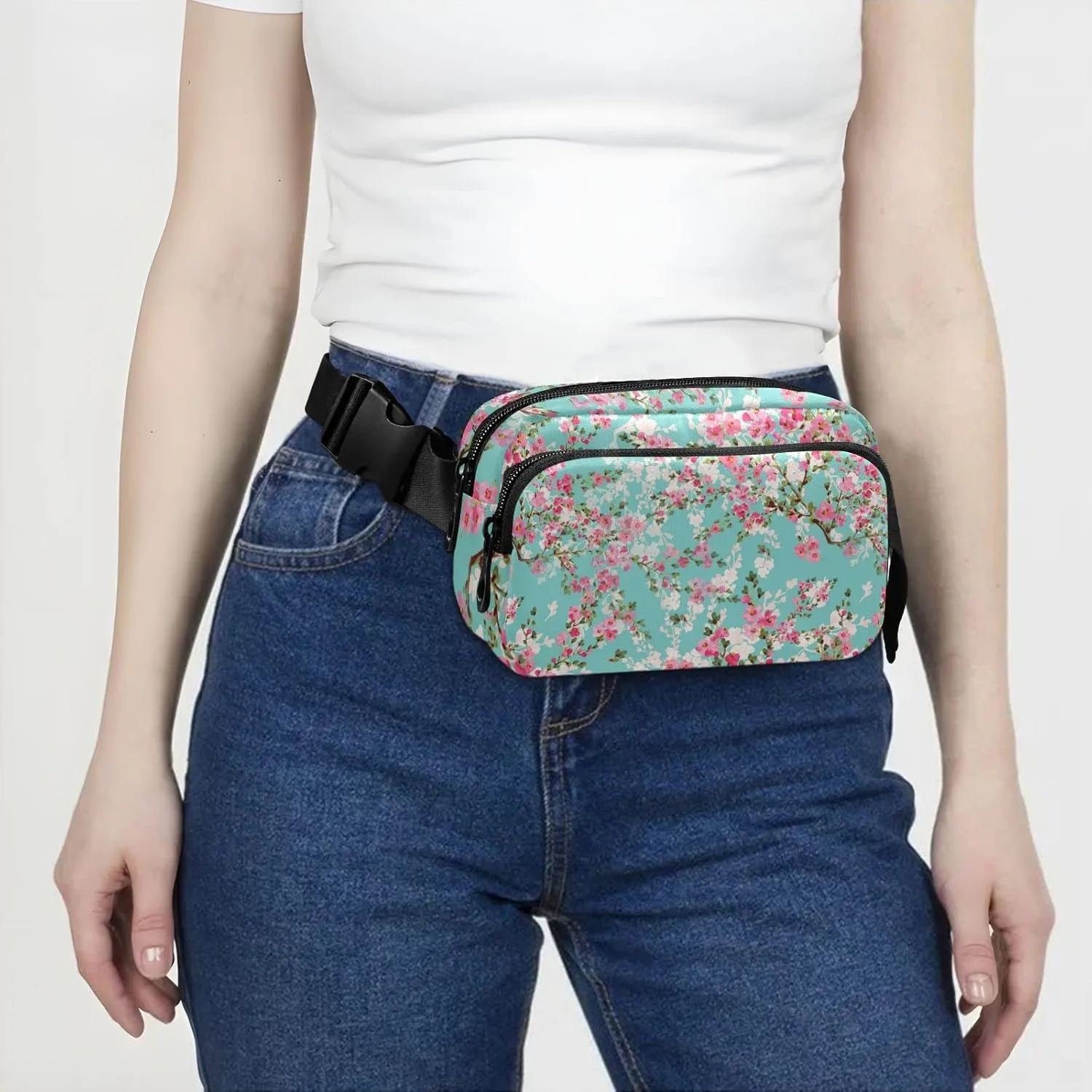 Cherry Branches with Pink White Flowers Green Leaves on Turquoise Adjustable Belt Running Bag, Crossbody Fanny Pack Waist Runners Bag Tote for Women Men Sports Hiking Fitness Exercise Gym Pouch