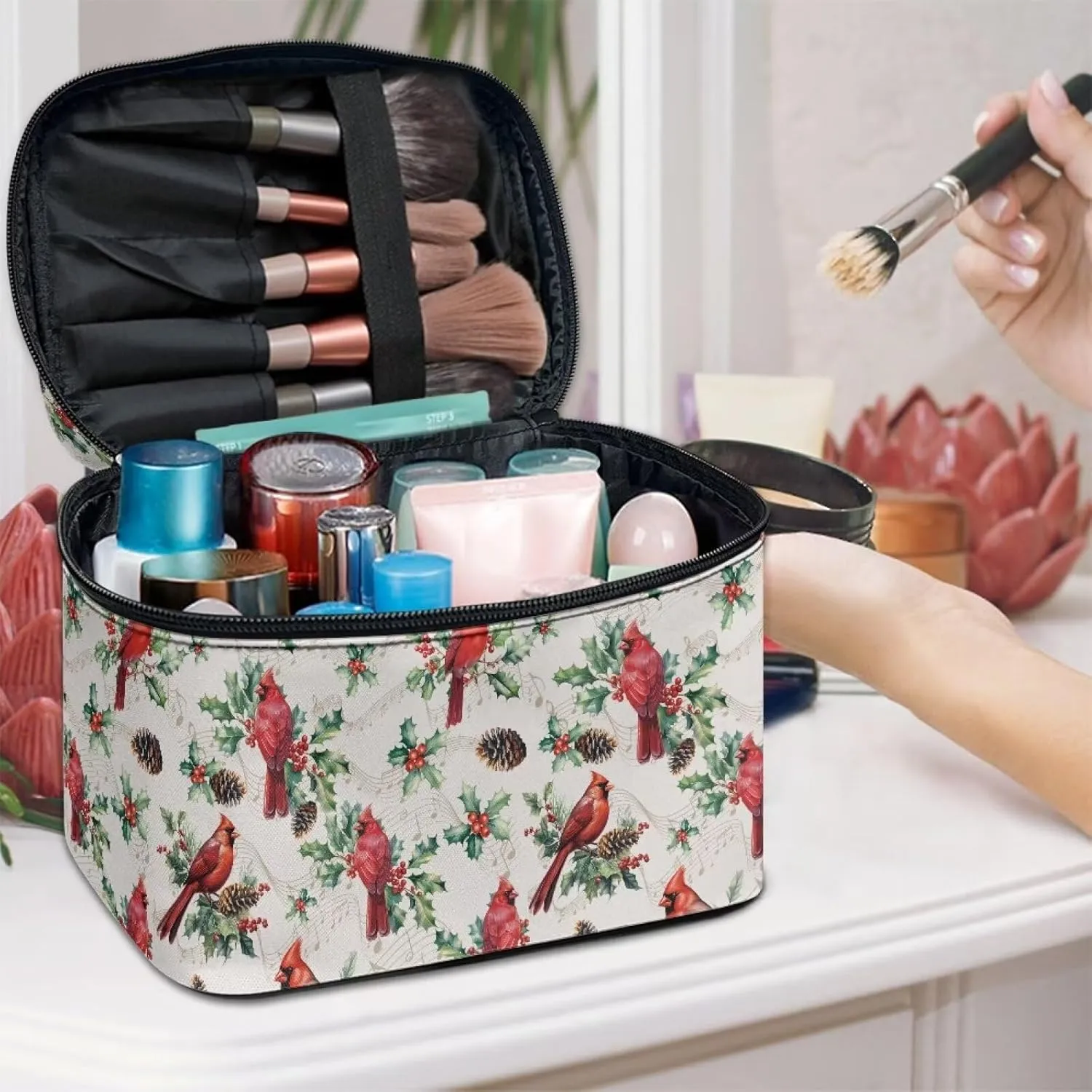 Christmas Cardinal Bird Travel Cosmetics Bags Women Large Capacity Makeup Organizer Travel Hanging Toiletry Bag for Women, Extra Large Makeup Bag Cosmetics Xmas Gifts for Women Girls