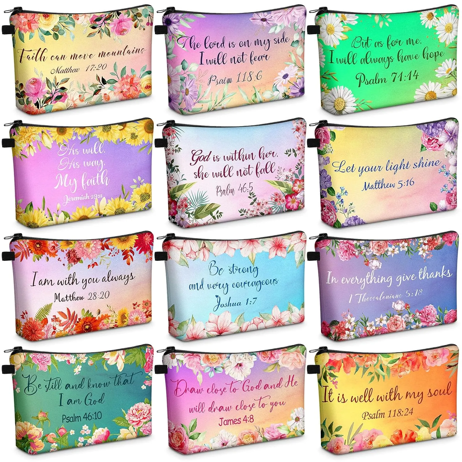 Chunful 12 Pcs Inspirational Christian Gifts Religious Makeup Bags Bulk for Women Bible Verse Flower Cosmetic Bag Mother's Day Gift for Church Ladies Student Office, 7.48 x 4.72 Inch(Stylish)