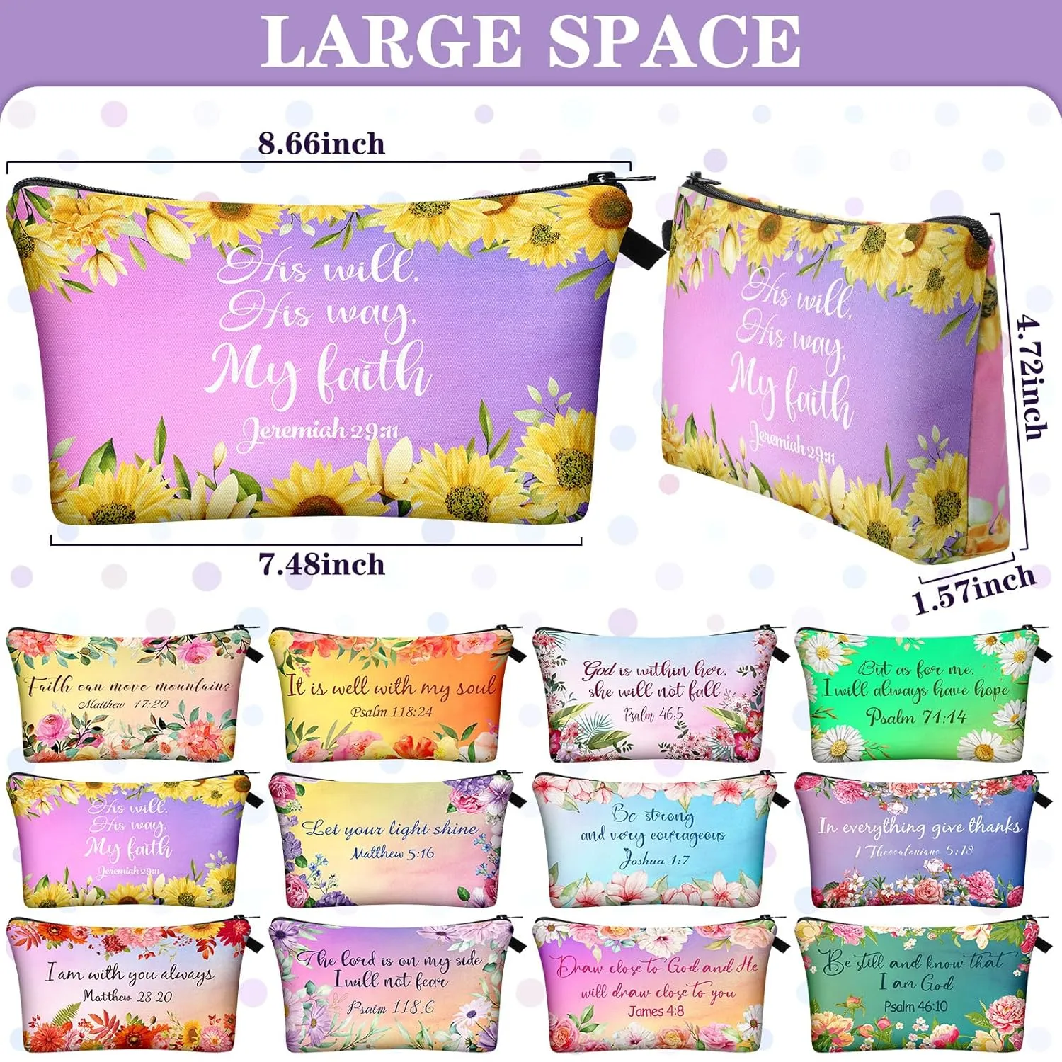 Chunful 12 Pcs Inspirational Christian Gifts Religious Makeup Bags Bulk for Women Bible Verse Flower Cosmetic Bag Mother's Day Gift for Church Ladies Student Office, 7.48 x 4.72 Inch(Stylish)