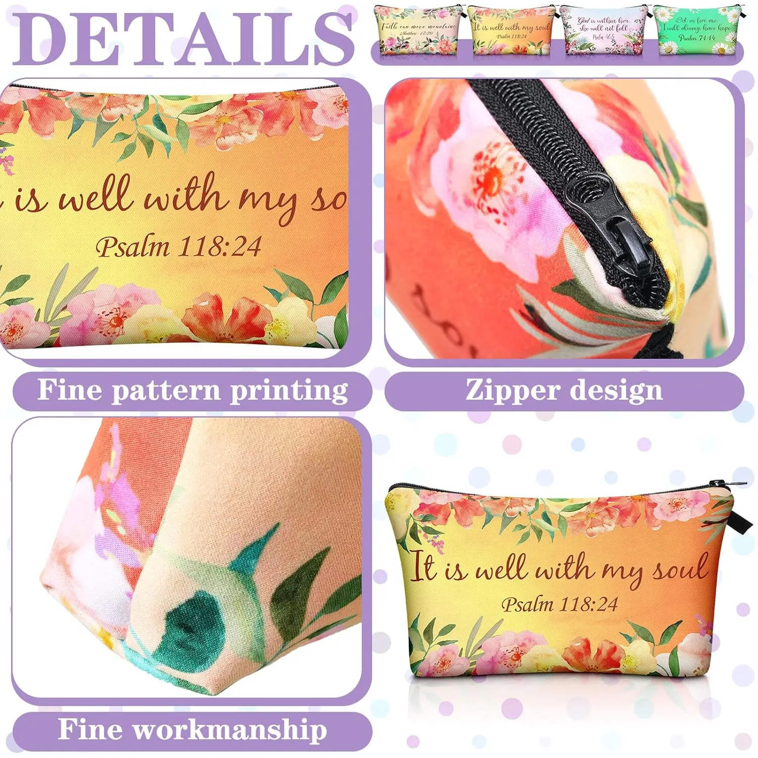 Chunful 12 Pcs Inspirational Christian Gifts Religious Makeup Bags Bulk for Women Bible Verse Flower Cosmetic Bag Mother's Day Gift for Church Ladies Student Office, 7.48 x 4.72 Inch(Stylish)