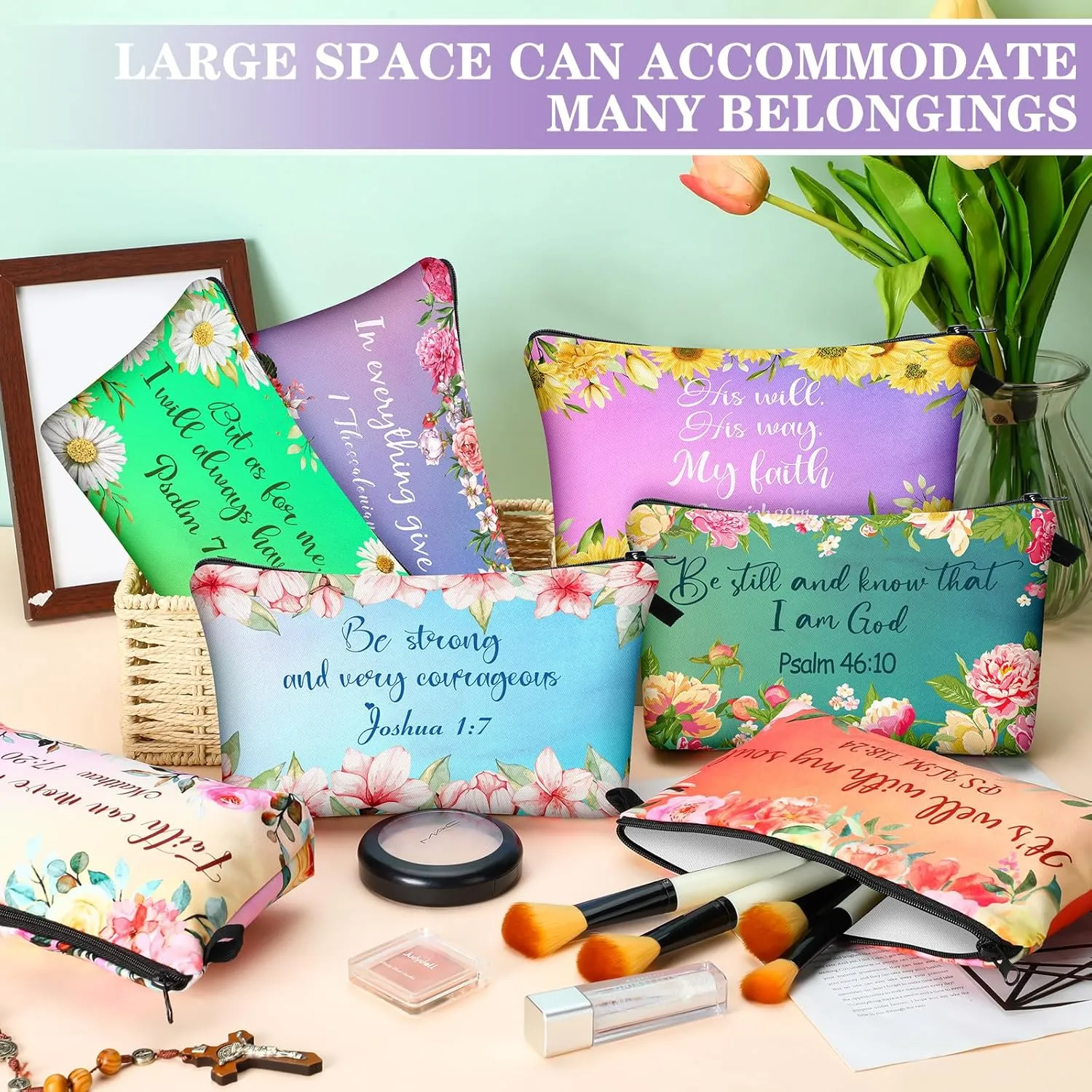 Chunful 12 Pcs Inspirational Christian Gifts Religious Makeup Bags Bulk for Women Bible Verse Flower Cosmetic Bag Mother's Day Gift for Church Ladies Student Office, 7.48 x 4.72 Inch(Stylish)