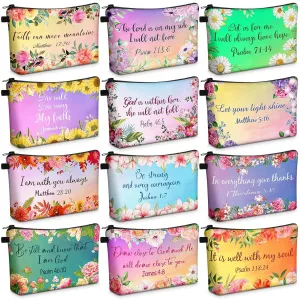 Chunful 12 Pcs Inspirational Christian Gifts Religious Makeup Bags Bulk for Women Bible Verse Flower Cosmetic Bag Mother's Day Gift for Church Ladies Student Office, 7.48 x 4.72 Inch(Stylish)