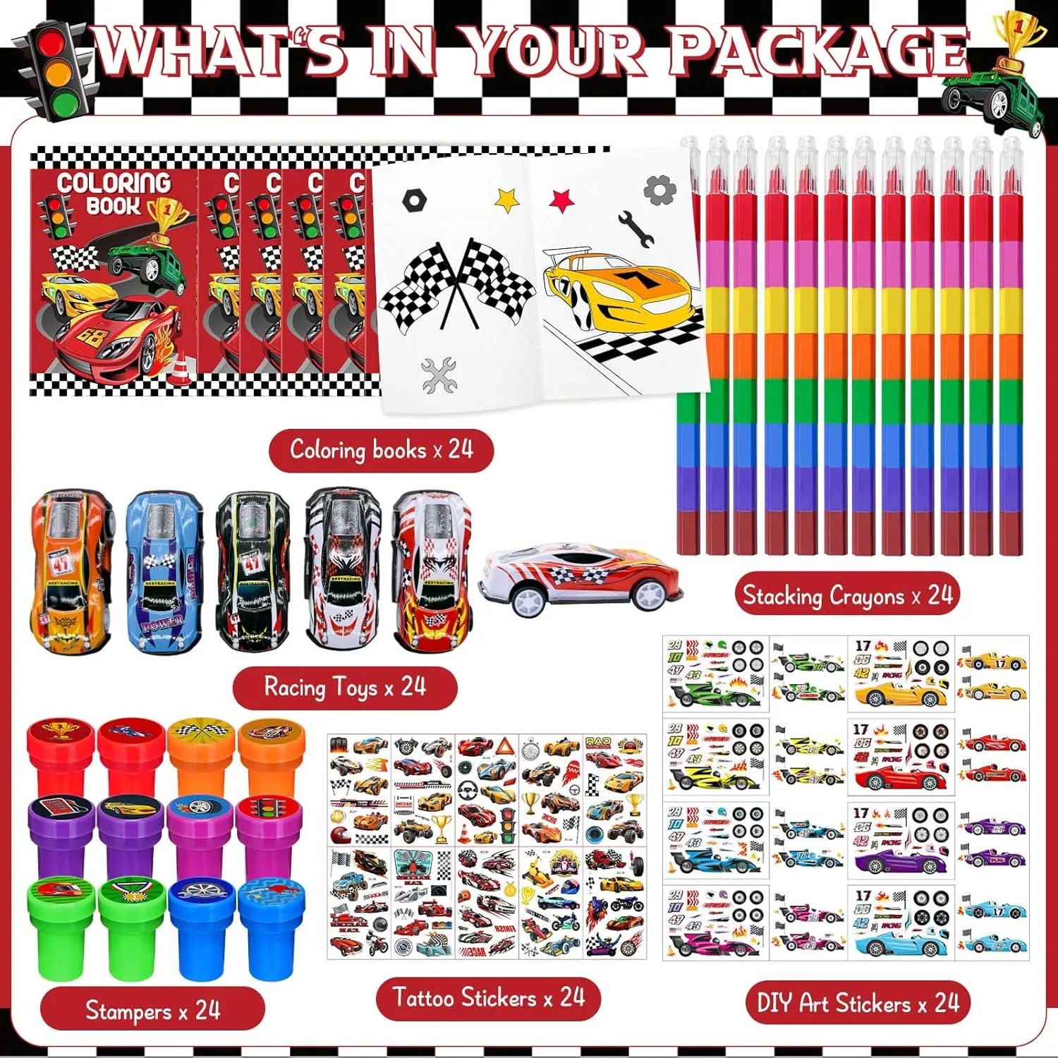 Cinrobiye 72 Pcs Race Car Coloring Book Bulk,Checkered Flags Racing Party Favors Goodie Bags Fillers, Let's Go Racing Birthday Party Supplies Classroom Reward Prizes Pinata Gift for Race Fans
