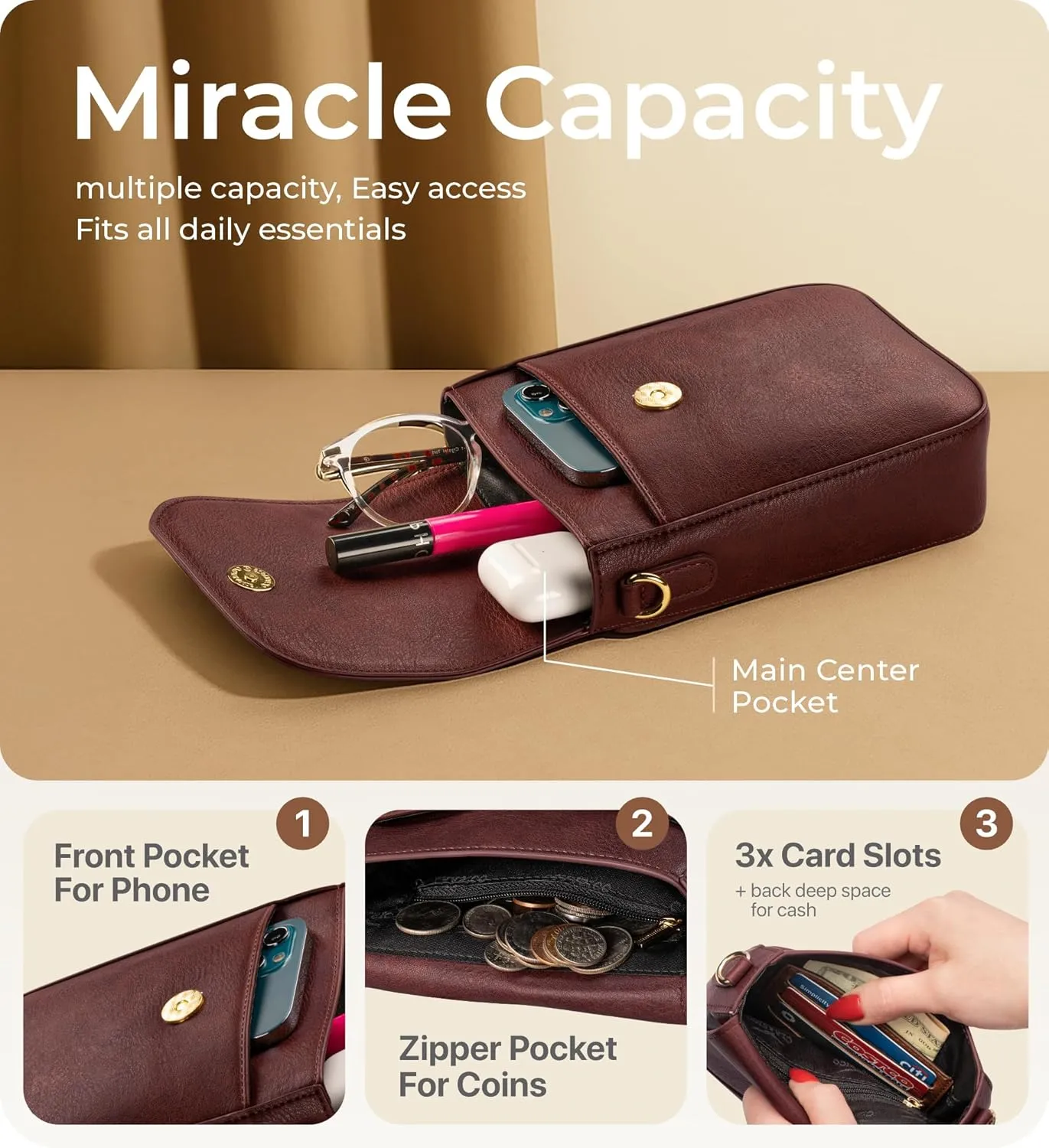 Claasico Crossbody Bag for Women, RFID Phone Purse, Card Slots Coin Pocket w/strap, Phone Holder PU Leather Crossbody Purse