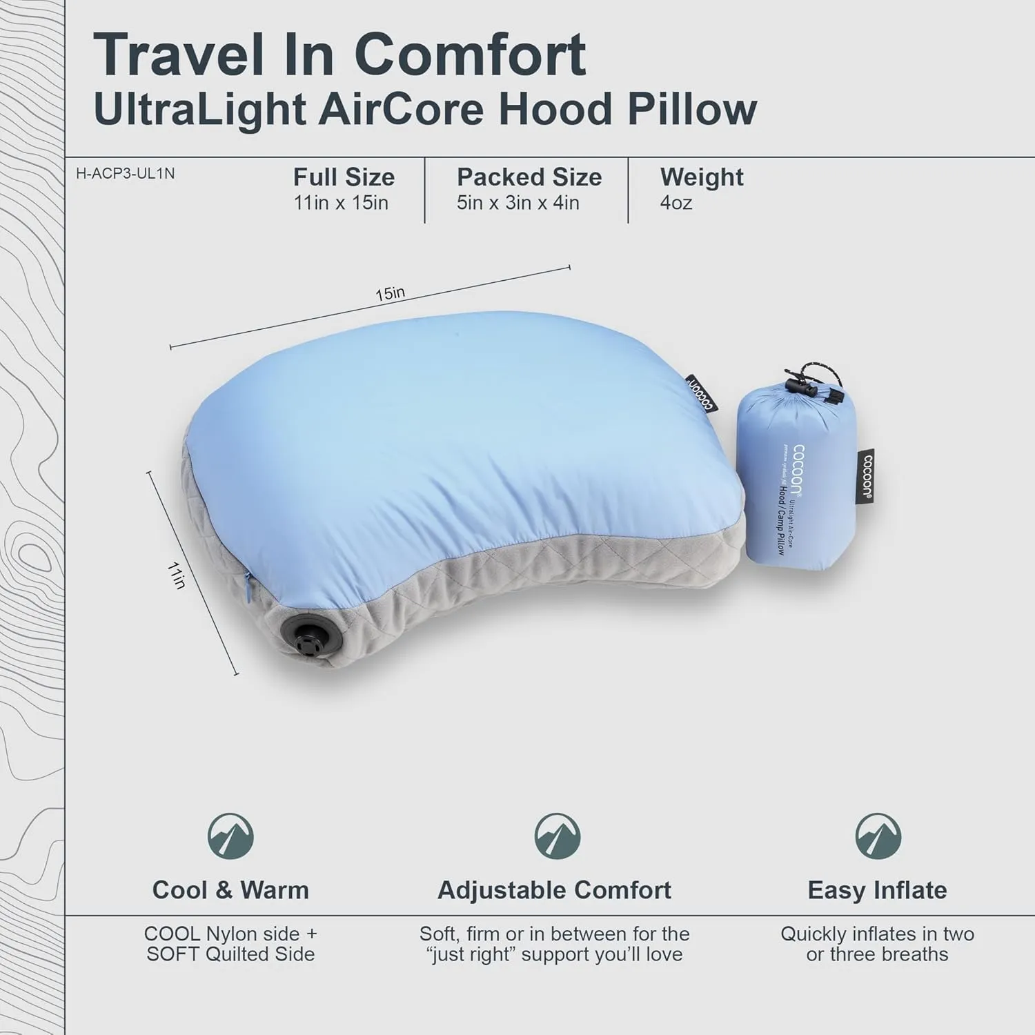 COCOON- Premium - Ultralight Inflatable AirCore Shaped Pillow - Washable Travel Air Pillows for Camping, Hiking, Backpacking (Regular 11" x 15")