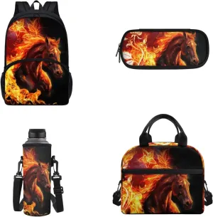 Coloranimal Horse Backpack for Girls Boys Unisex Children Back to School Book Bags 4Pcs Set Middle Student Bookbag with Water Bottle Carrier Bag,Pencil Box,Tote Bag Lunch Box Kids Bagpack