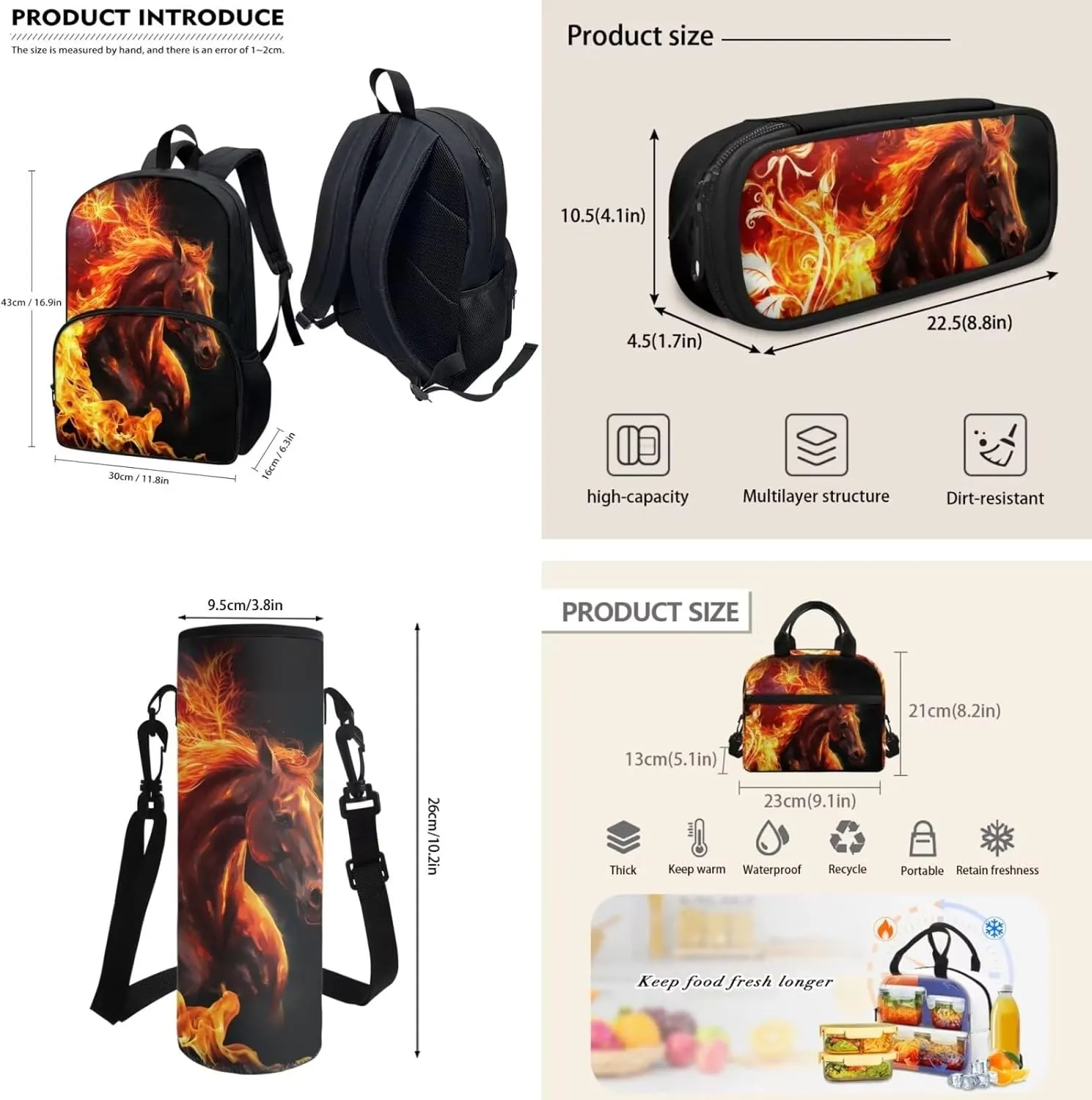 Coloranimal Horse Backpack for Girls Boys Unisex Children Back to School Book Bags 4Pcs Set Middle Student Bookbag with Water Bottle Carrier Bag,Pencil Box,Tote Bag Lunch Box Kids Bagpack