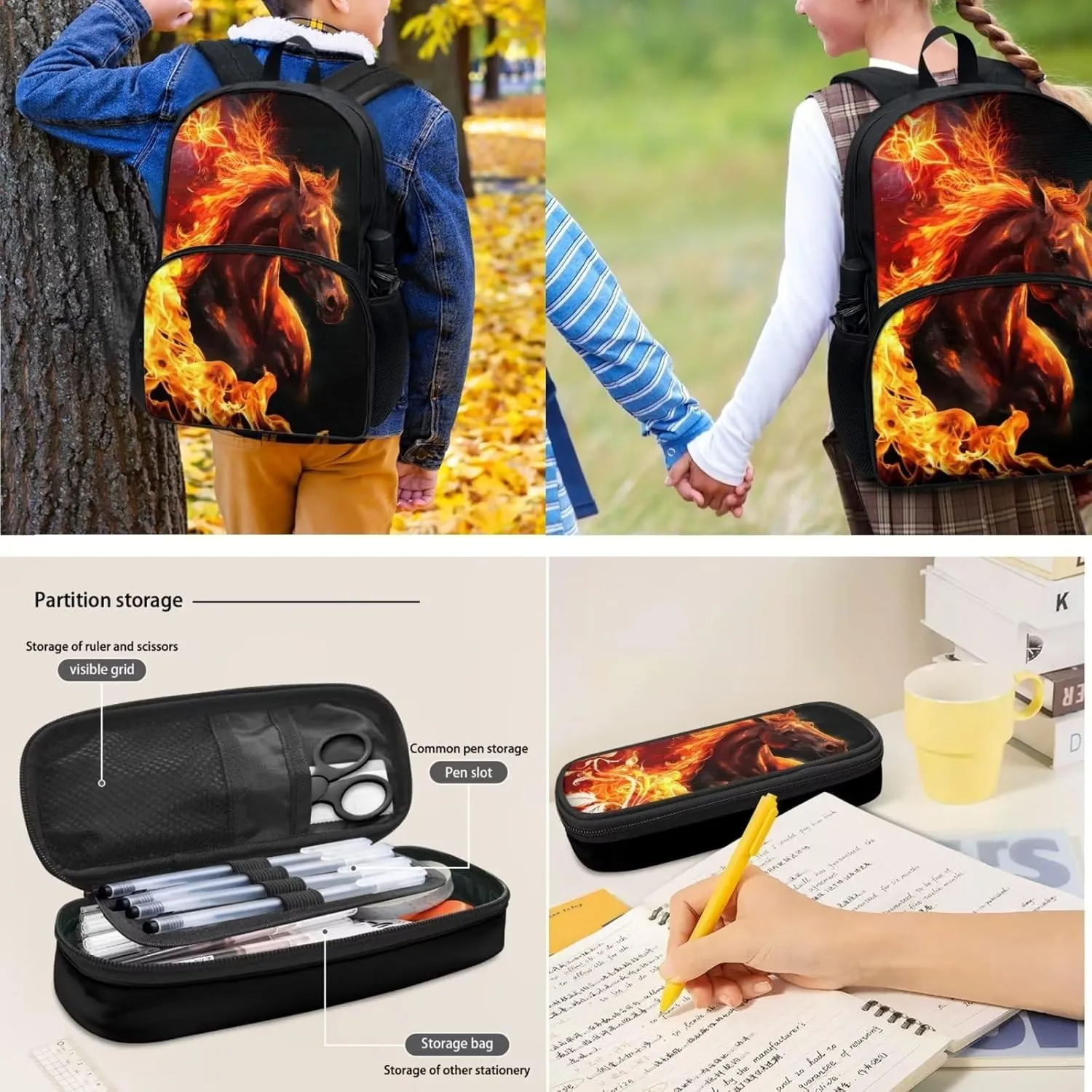 Coloranimal Horse Backpack for Girls Boys Unisex Children Back to School Book Bags 4Pcs Set Middle Student Bookbag with Water Bottle Carrier Bag,Pencil Box,Tote Bag Lunch Box Kids Bagpack