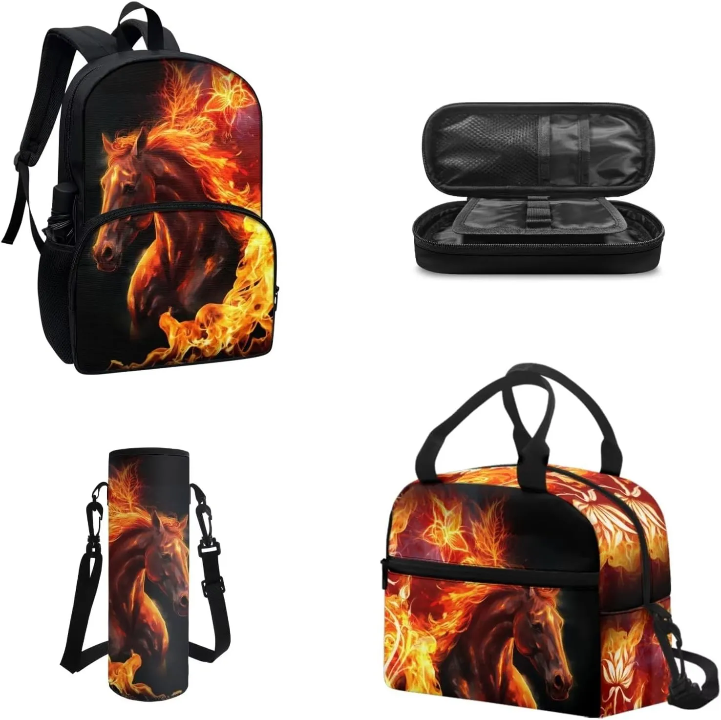 Coloranimal Horse Backpack for Girls Boys Unisex Children Back to School Book Bags 4Pcs Set Middle Student Bookbag with Water Bottle Carrier Bag,Pencil Box,Tote Bag Lunch Box Kids Bagpack
