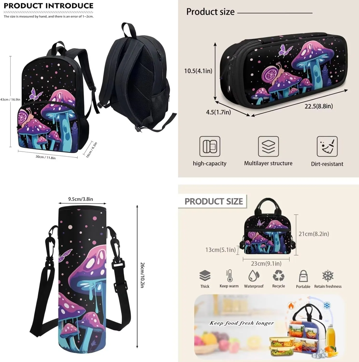 Coloranimal Mushroom Snail Backpack Purse Sets with Lunch Bag and Pencil Case Water Bottle Holder Butterfly Cute School Bags with Lunch Box Girls School Book Bags Middle Daypack (4 In 1)