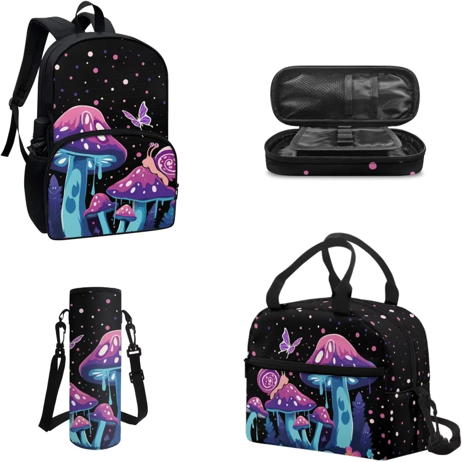 Coloranimal Mushroom Snail Backpack Purse Sets with Lunch Bag and Pencil Case Water Bottle Holder Butterfly Cute School Bags with Lunch Box Girls School Book Bags Middle Daypack (4 In 1)