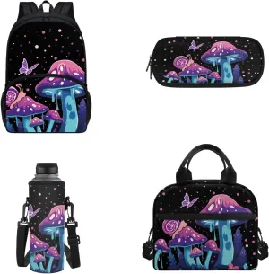 Coloranimal Mushroom Snail Backpack Purse Sets with Lunch Bag and Pencil Case Water Bottle Holder Butterfly Cute School Bags with Lunch Box Girls School Book Bags Middle Daypack (4 In 1)