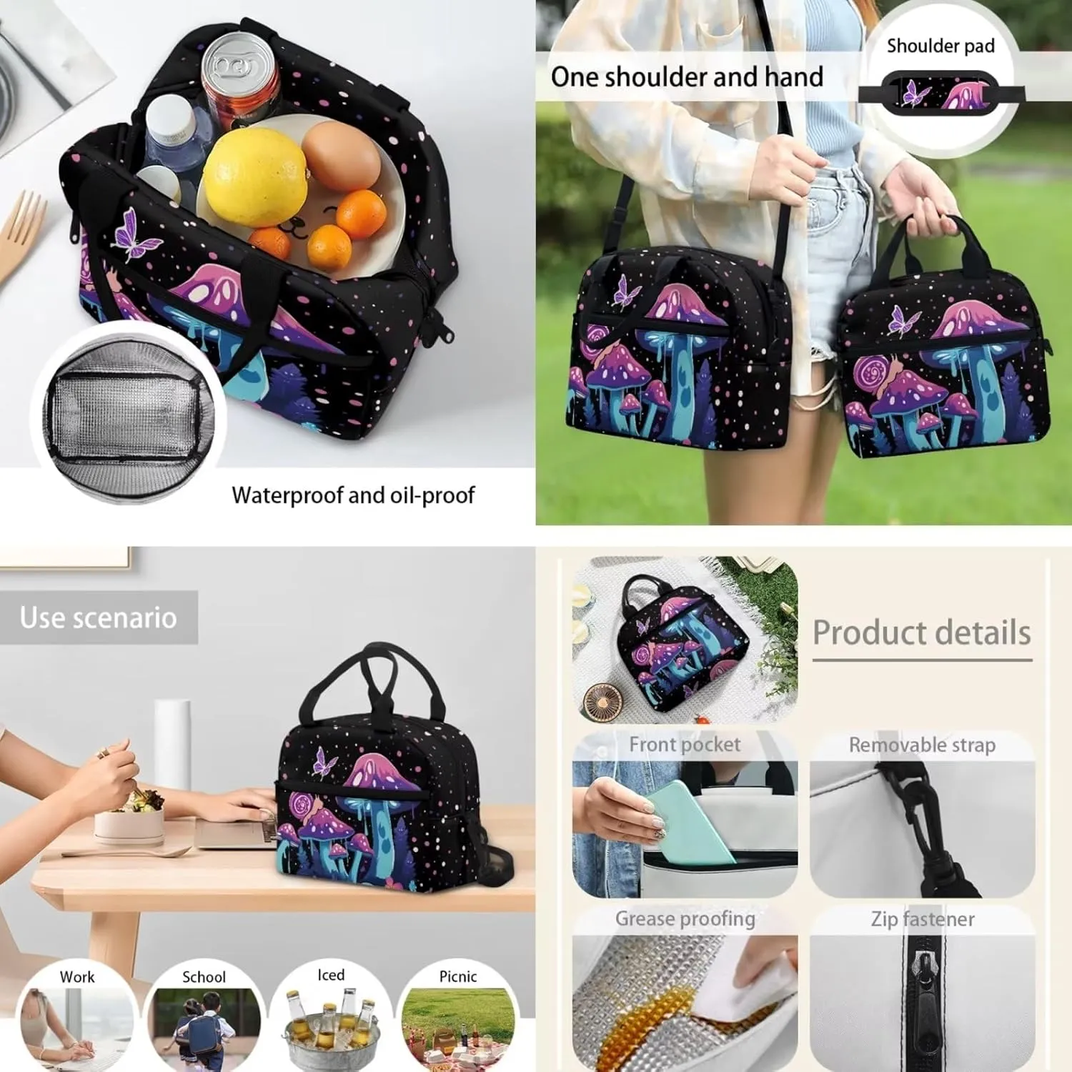 Coloranimal Mushroom Snail Backpack Purse Sets with Lunch Bag and Pencil Case Water Bottle Holder Butterfly Cute School Bags with Lunch Box Girls School Book Bags Middle Daypack (4 In 1)