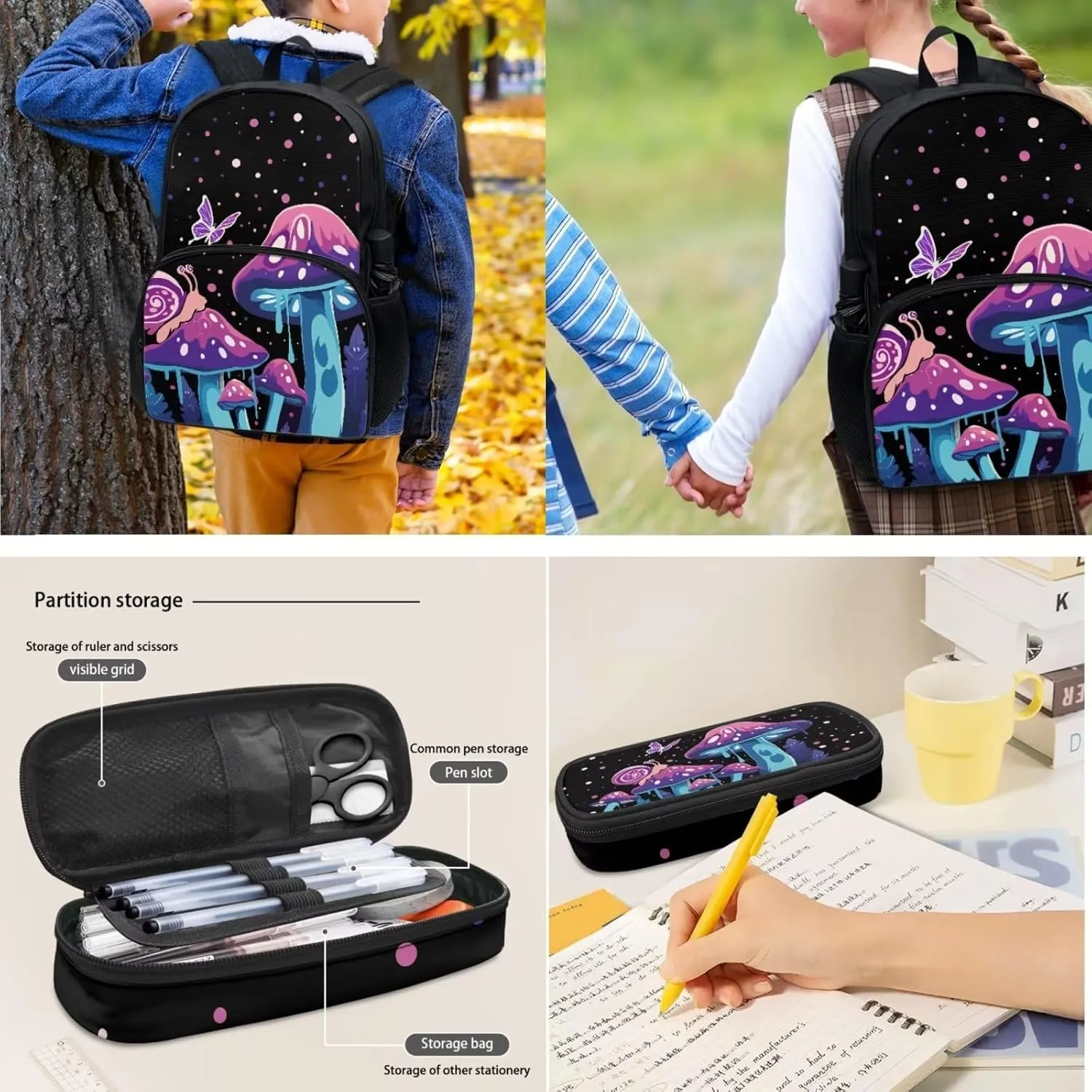 Coloranimal Mushroom Snail Backpack Purse Sets with Lunch Bag and Pencil Case Water Bottle Holder Butterfly Cute School Bags with Lunch Box Girls School Book Bags Middle Daypack (4 In 1)