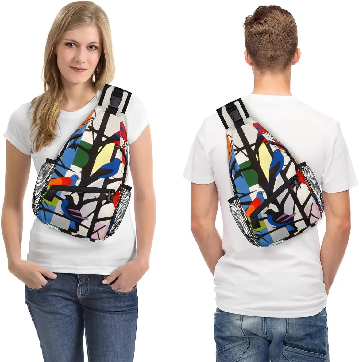 Colorful Birds On the Tree Sling Bag for Women Men, Waterproof Crossbody Sling Backpack Travel Outdoor Sports Chest Bag