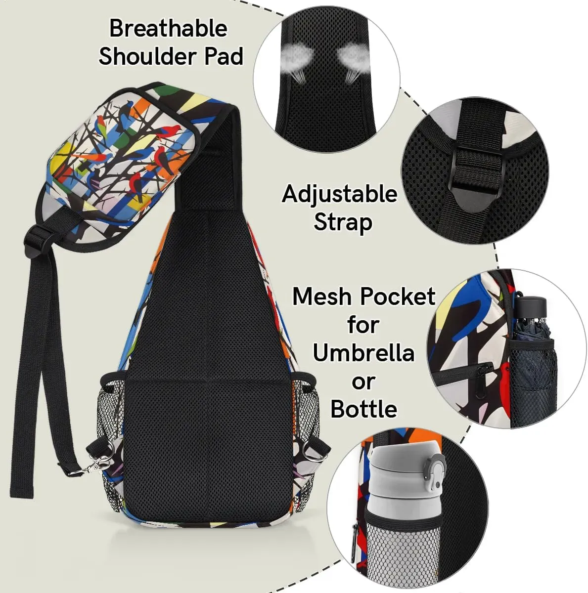 Colorful Birds On the Tree Sling Bag for Women Men, Waterproof Crossbody Sling Backpack Travel Outdoor Sports Chest Bag