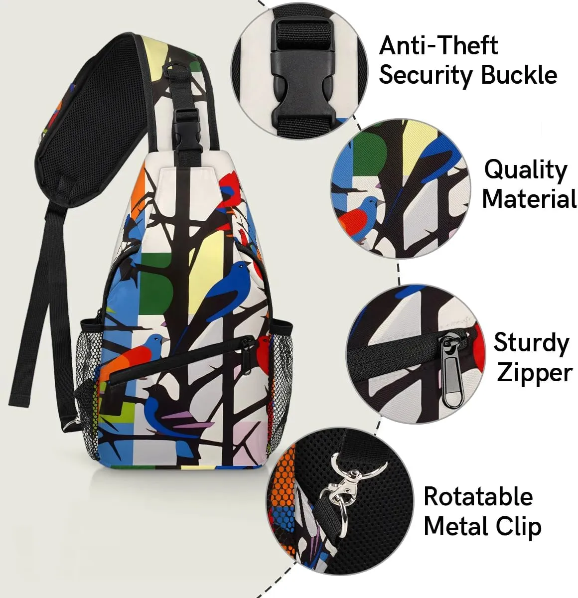 Colorful Birds On the Tree Sling Bag for Women Men, Waterproof Crossbody Sling Backpack Travel Outdoor Sports Chest Bag