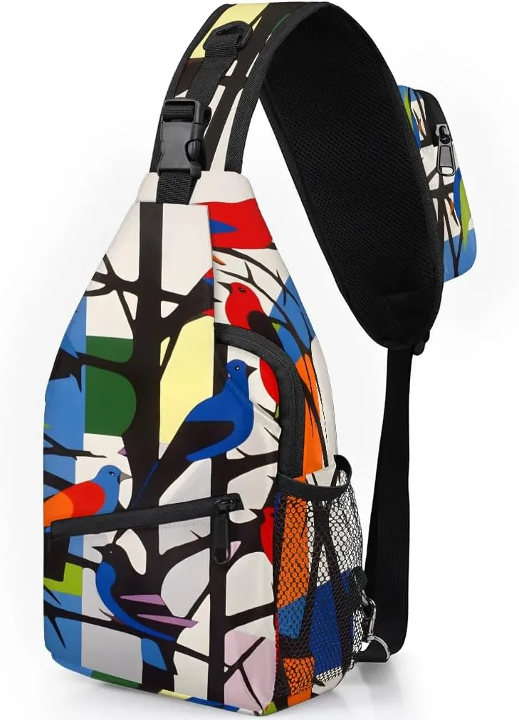 Colorful Birds On the Tree Sling Bag for Women Men, Waterproof Crossbody Sling Backpack Travel Outdoor Sports Chest Bag