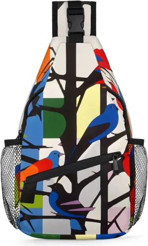 Colorful Birds On the Tree Sling Bag for Women Men, Waterproof Crossbody Sling Backpack Travel Outdoor Sports Chest Bag