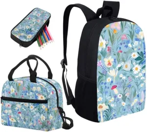 Colorful Butterfly Mushroom Print Students School Backpacks with Cute Daisy Flower Butterflies Pattern Lunch Box Pencil Case Bags Travel Daypack Bookbag Set for Student