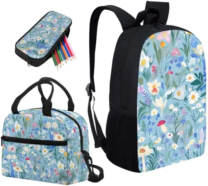 Colorful Butterfly Mushroom Print Students School Backpacks with Cute Daisy Flower Butterflies Pattern Lunch Box Pencil Case Bags Travel Daypack Bookbag Set for Student