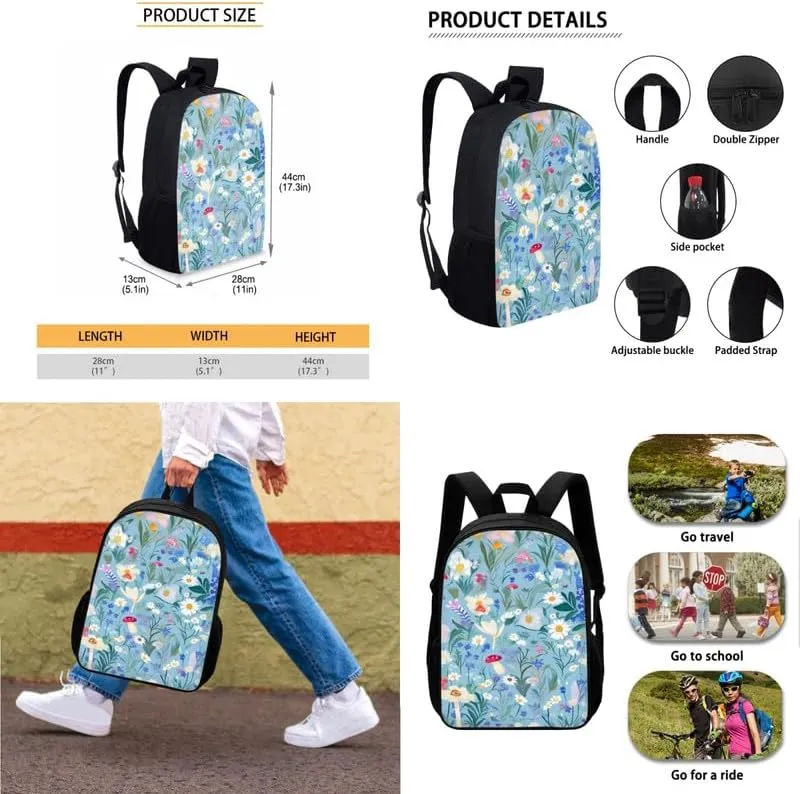 Colorful Butterfly Mushroom Print Students School Backpacks with Cute Daisy Flower Butterflies Pattern Lunch Box Pencil Case Bags Travel Daypack Bookbag Set for Student